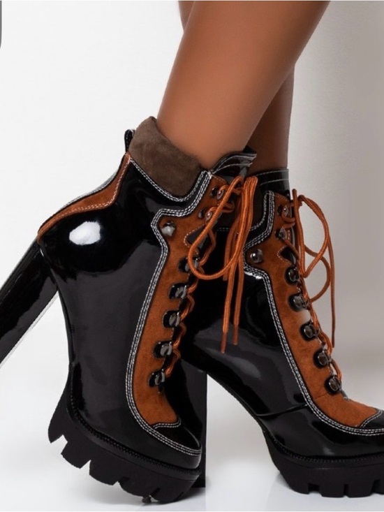 Azalea Wang Shoes - AZALEA WANG 
Black and Brown Lug Heel Lace-Up Women's Boots